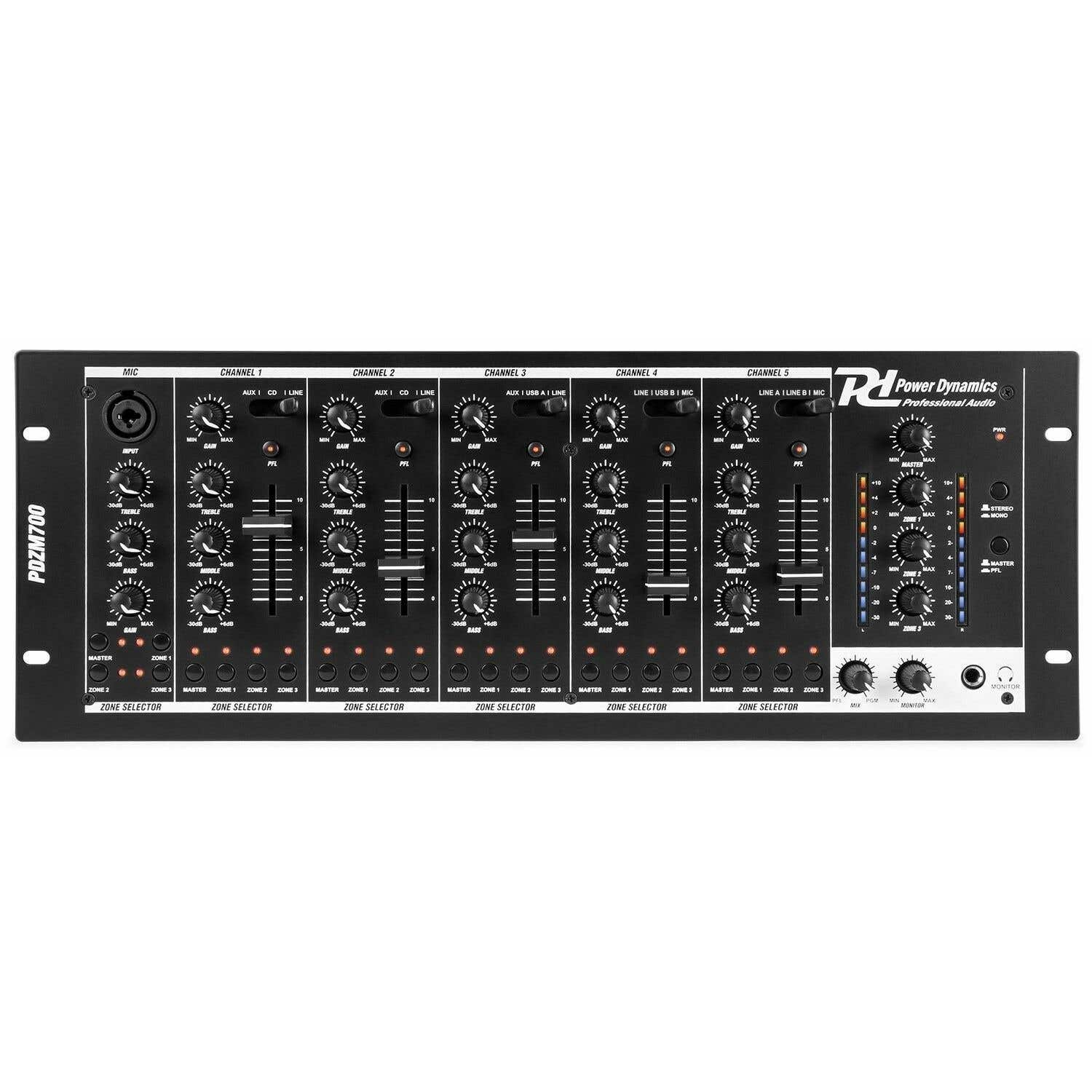 Power Dynamics PDZM700 6 kanaals installatiemixer met 4 zones