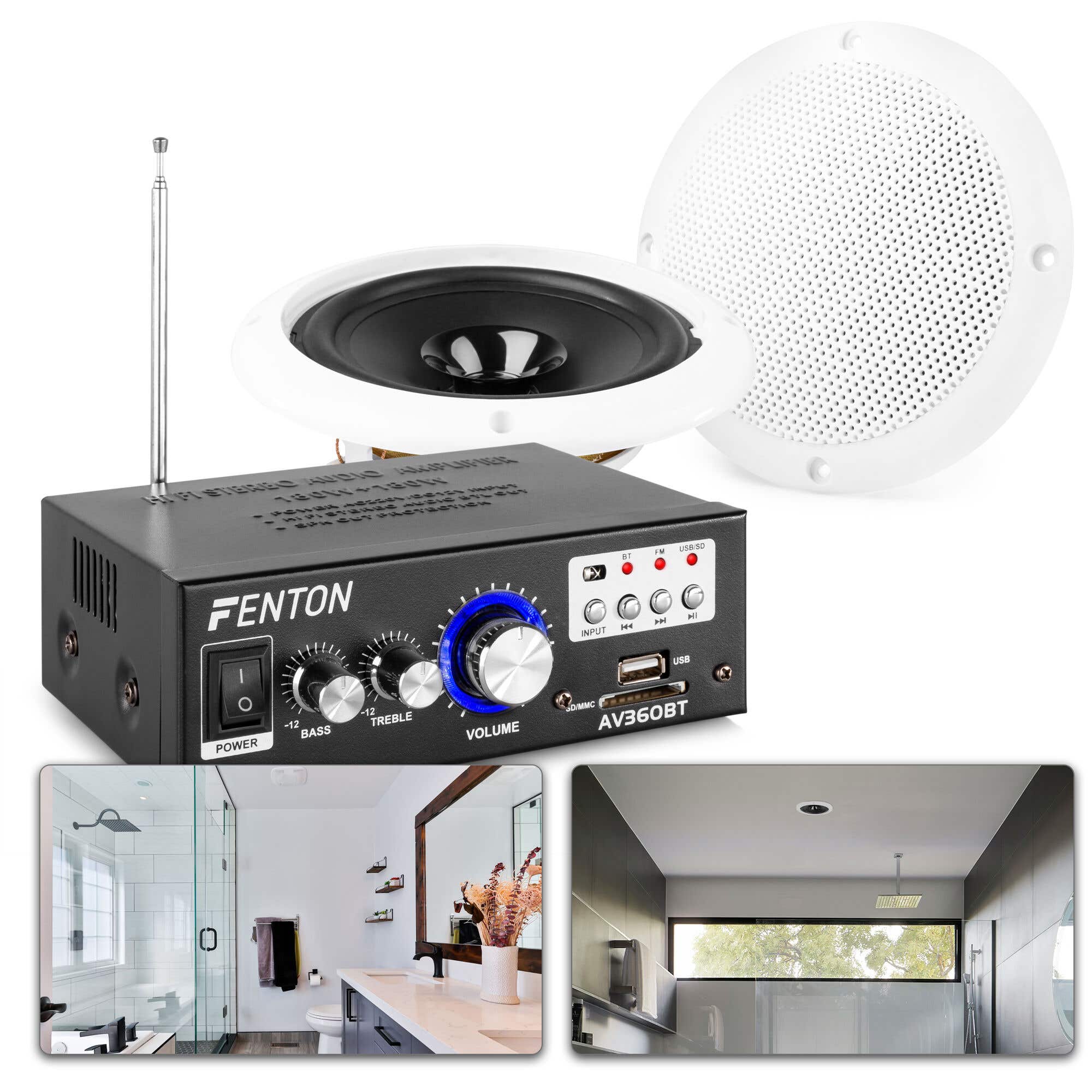 Fenton BS06 badkamer speakers - IP44 waterdicht - met versterker - 6.5 inch - 80W - Wit