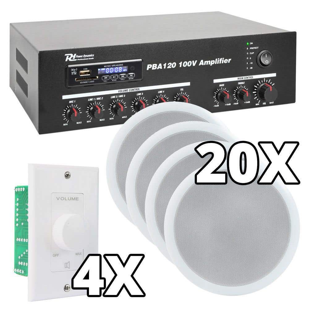 Power Dynamics 100V set met 20x plafond speakers & 4 volumeregelaars - 5 inch - Inbouw - 120W - Wit