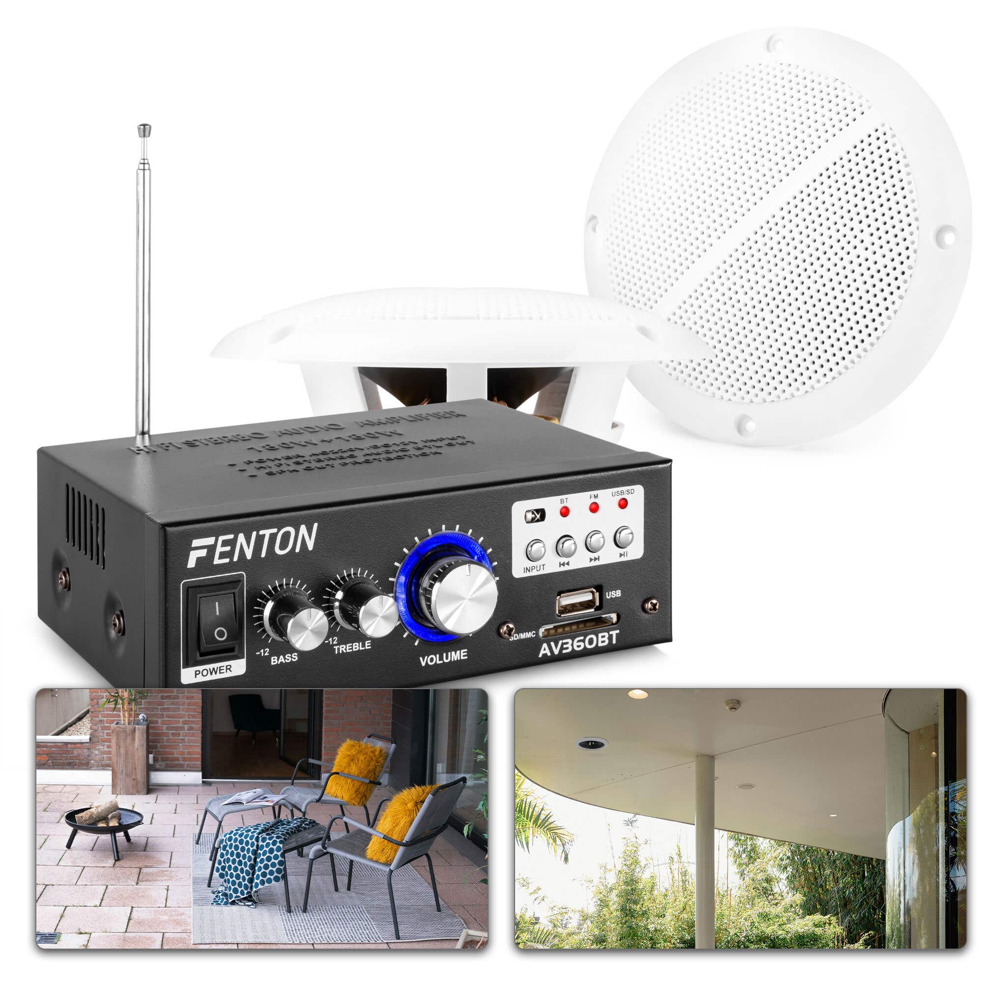 Fenton TS05 buitenspeakers - Complete set met versterker - IP44 waterdicht - 5 inch - 80W - Wit