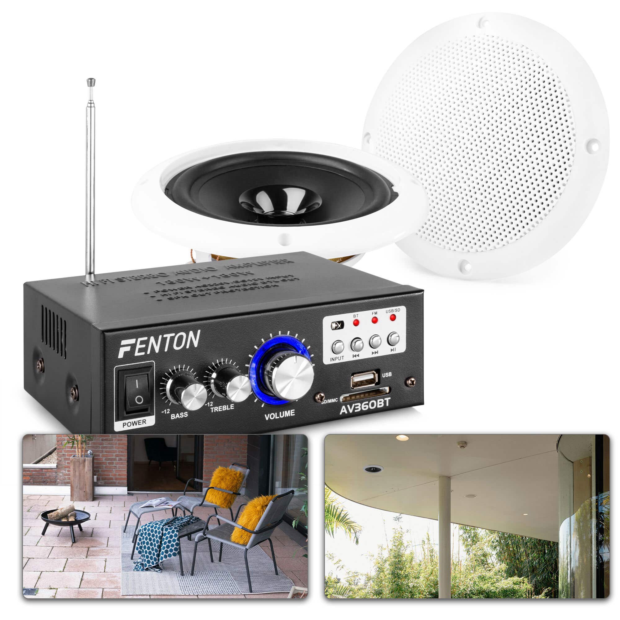 Fenton TS06 buitenspeakers - Complete set met versterker - IP44 waterdicht - 6.5 inch - 80W - Wit
