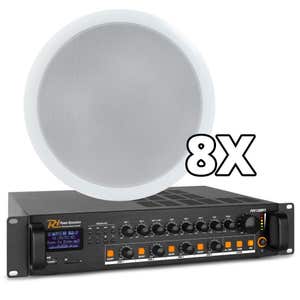 Power Dynamics 100V geluidsinstallatie - 8 speakers + versterker - o.a. Bluetooth & USB - 120W - 8 inch