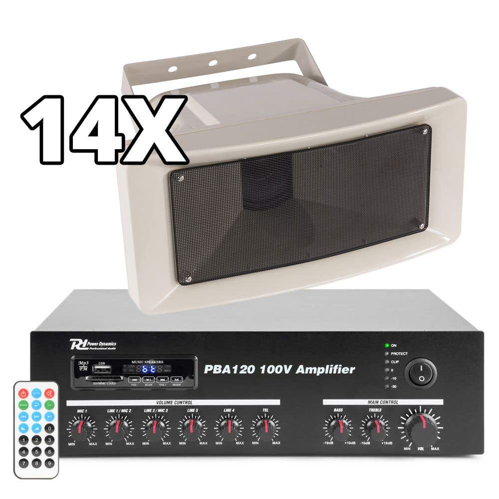 Geluidsinstallatie met 14x 100V hoornluidsprekers voor winkelcentrum, bedrijfshal, etc.