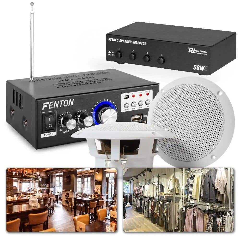 Geluidsinstallatie met 8x plafond speakers en versterker - 4-zone - 80W - 5 inch - Wit