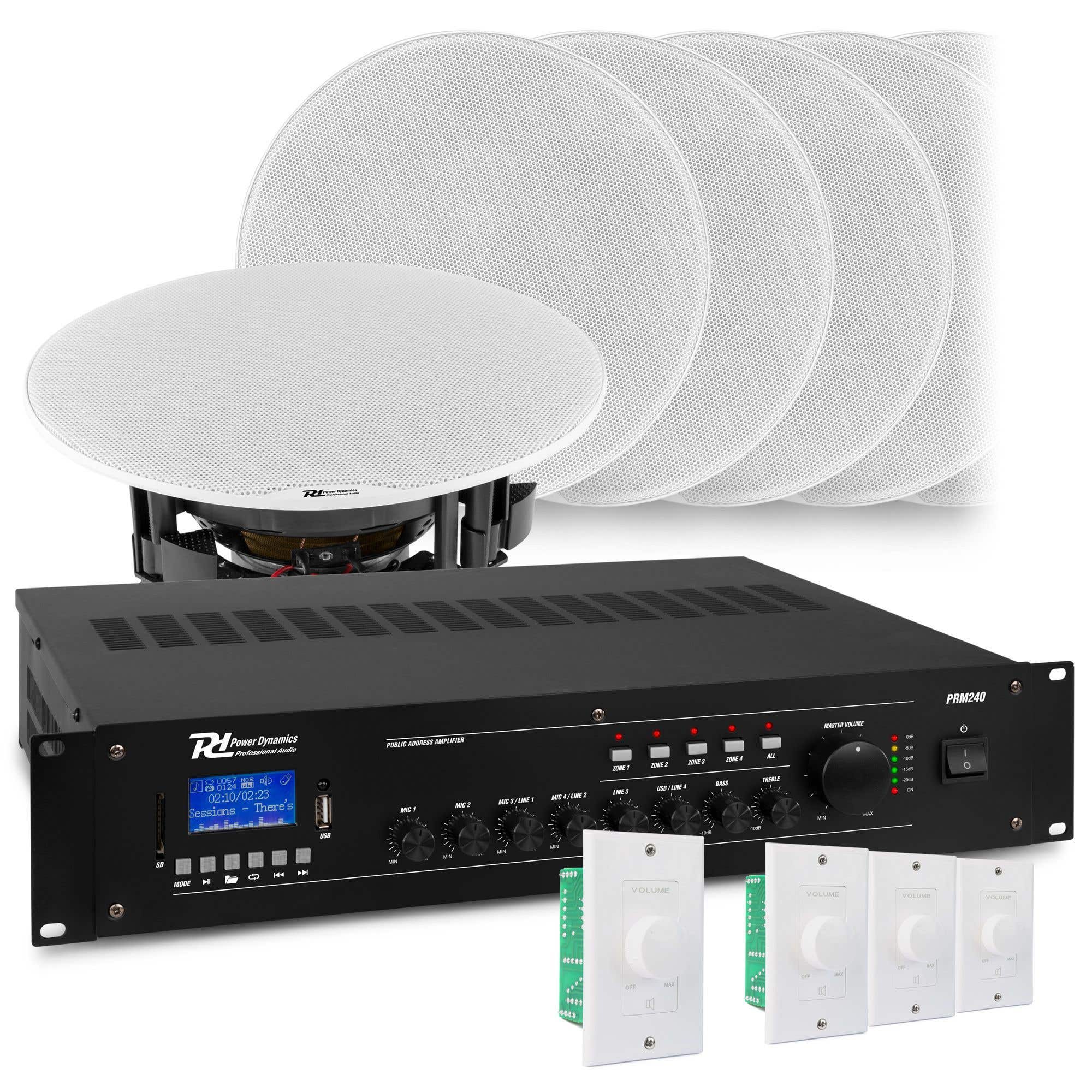Power Dynamics geluidsinstallatie met versterker - 8x plafond speakers - 4x volumeregelaar - 240W