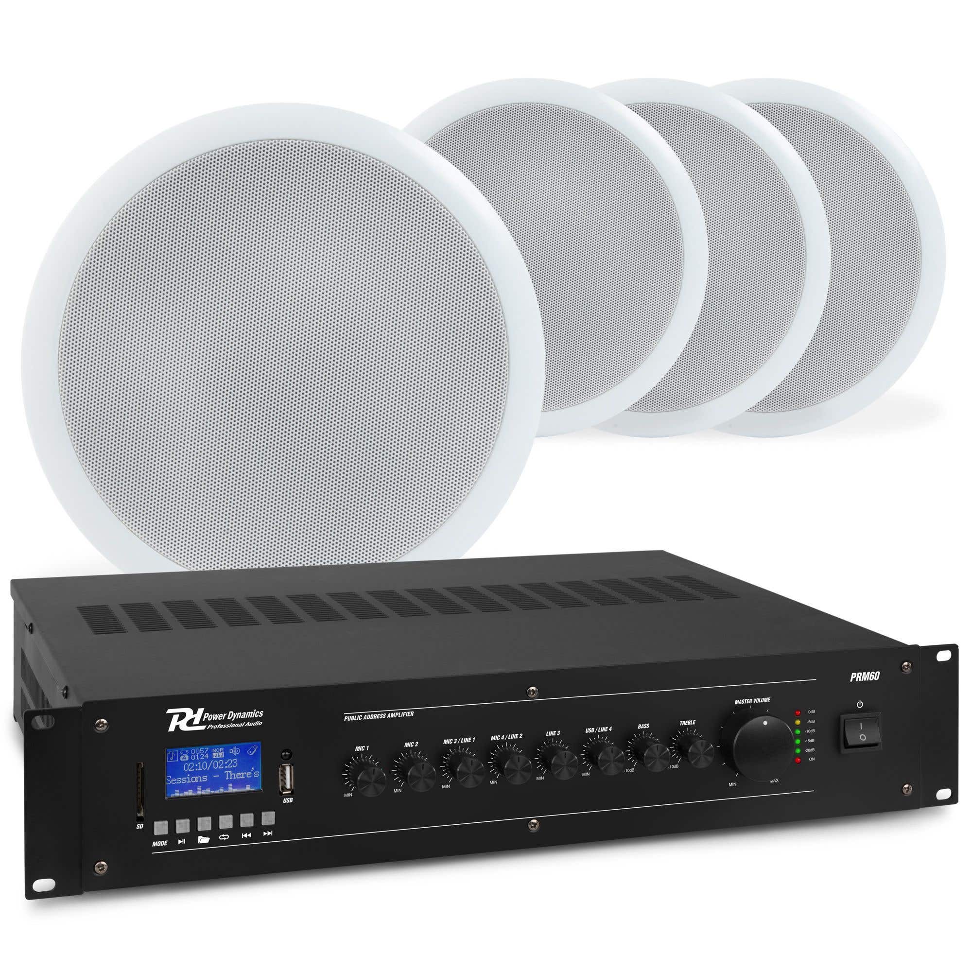 Power Dynamics 100V geluidsinstallatie met 4 plafondspeakers & versterker - Bluetooth - 5 inch - 60W