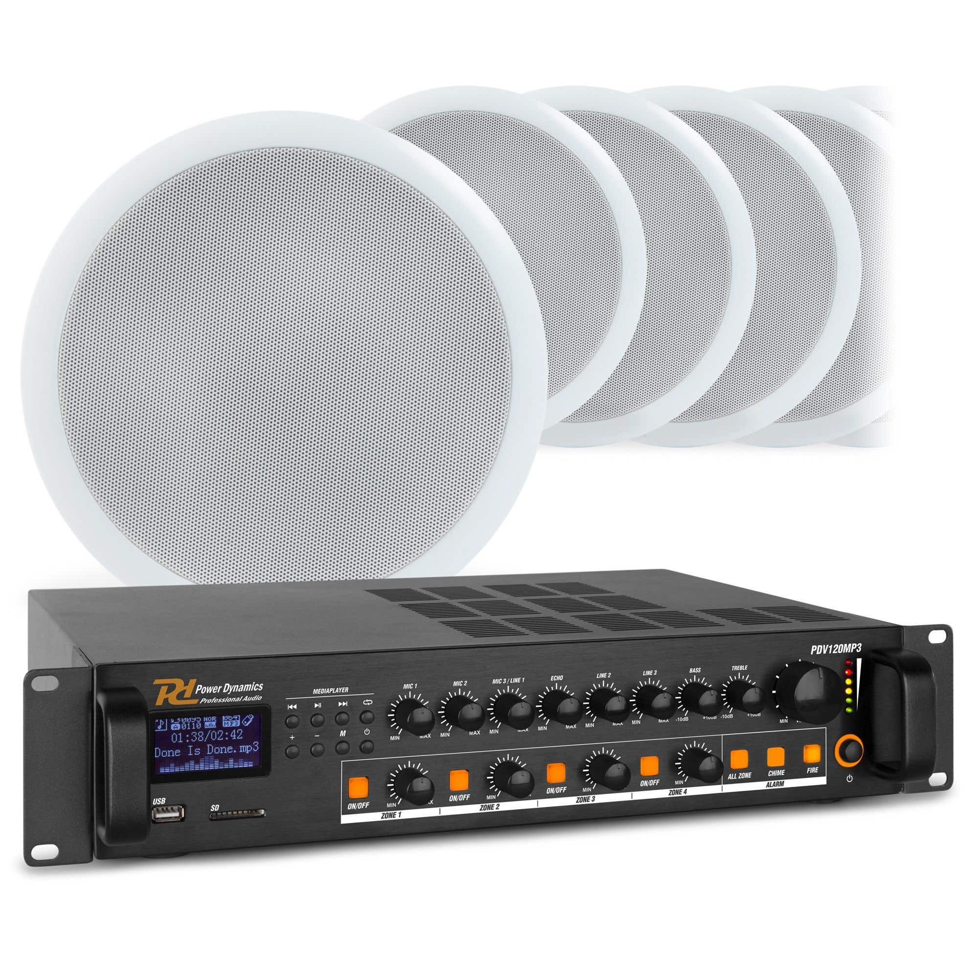 Power Dynamics 100V geluidsinstallatie met 8 plafondspeakers & versterker - Bluetooth - 8 inch - 15W