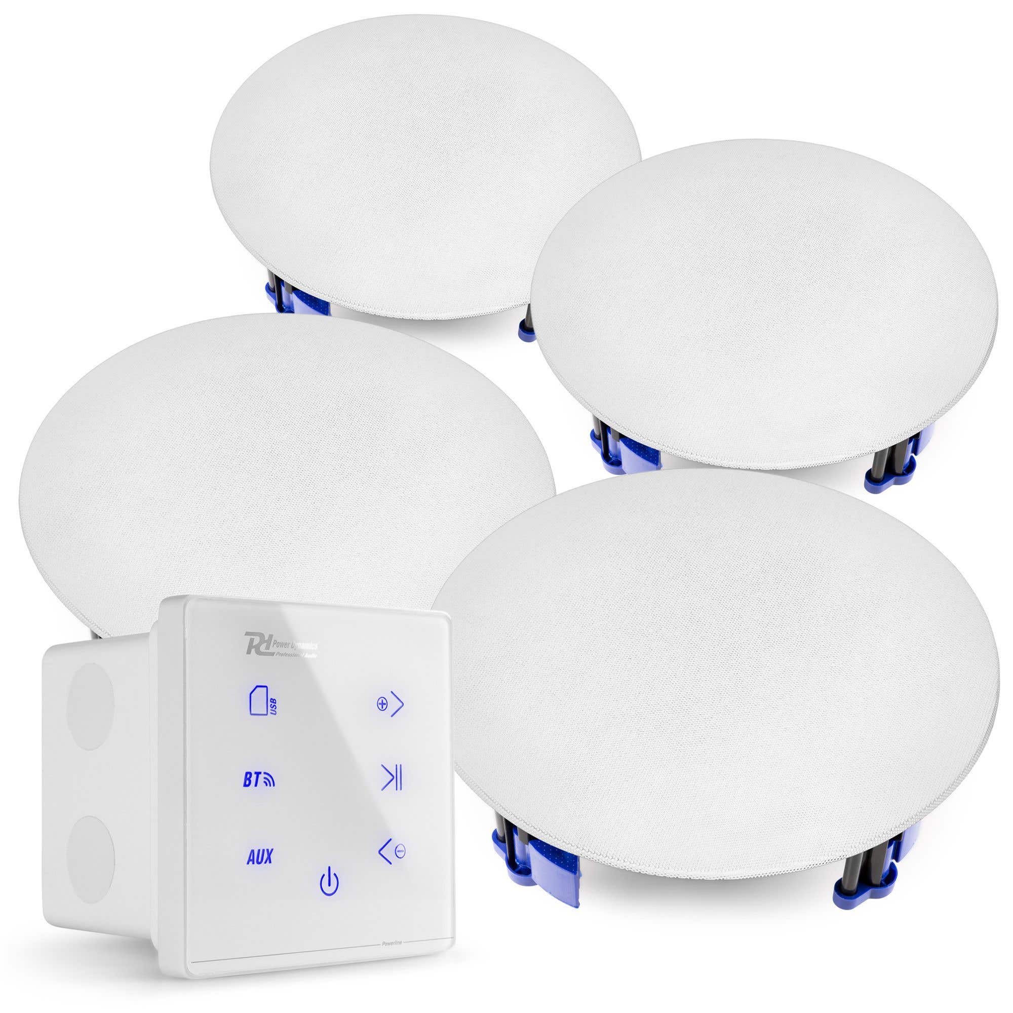 Power Dynamics Powerline A100WSet 4x plafond speakers set + inbouw versterker met Bluetooth - 80W
