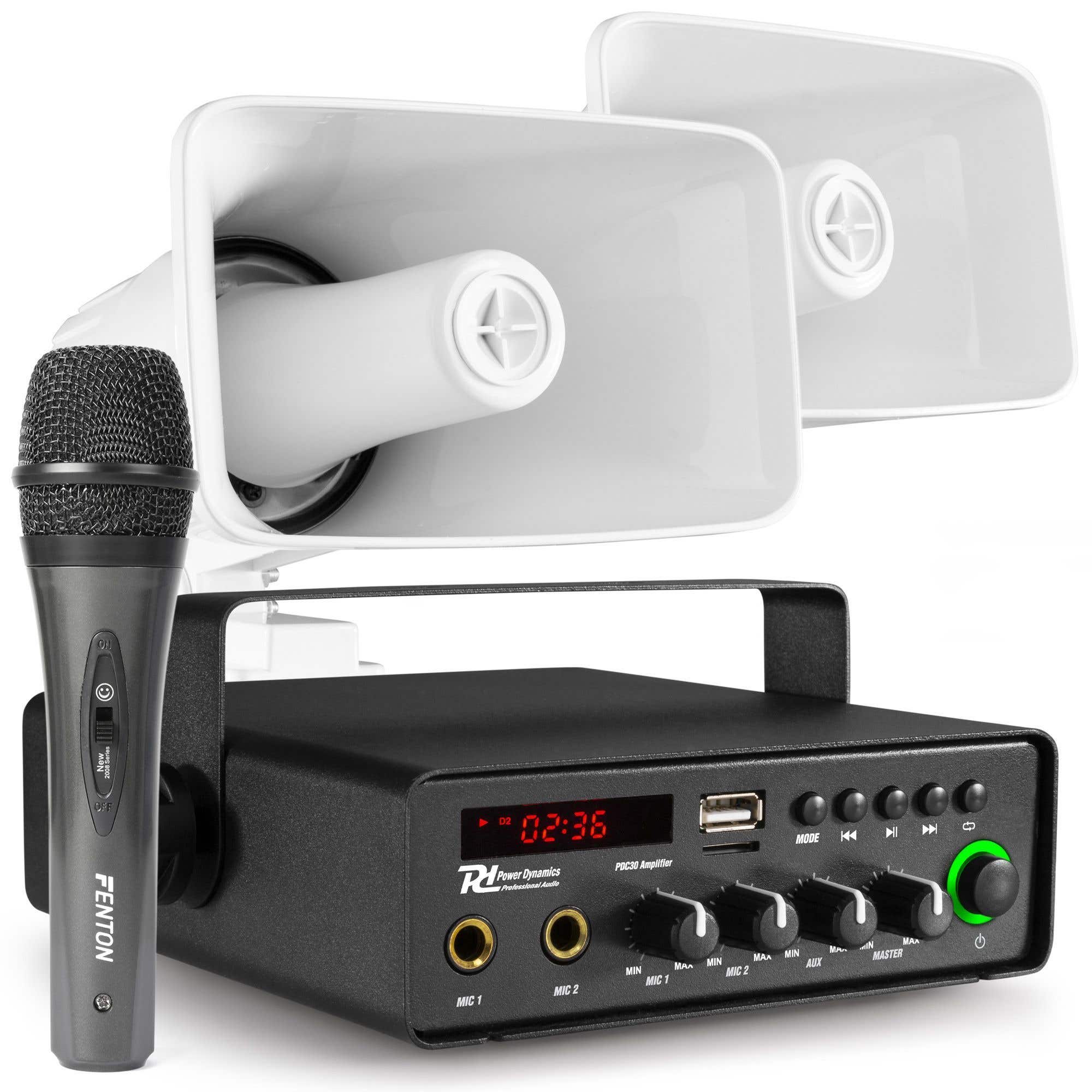 Power Dynamics omroepinstallatie (auto) - 2 hoornluidsprekers, microfoon & versterker - Bluetooth - 30W
