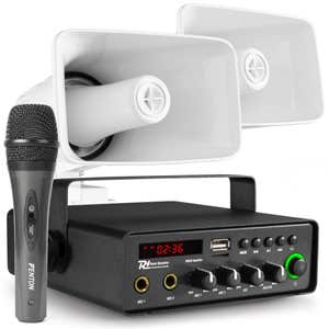 Power Dynamics omroepinstallatie (auto) - 2 hoornluidsprekers, microfoon & versterker - Bluetooth - 30W