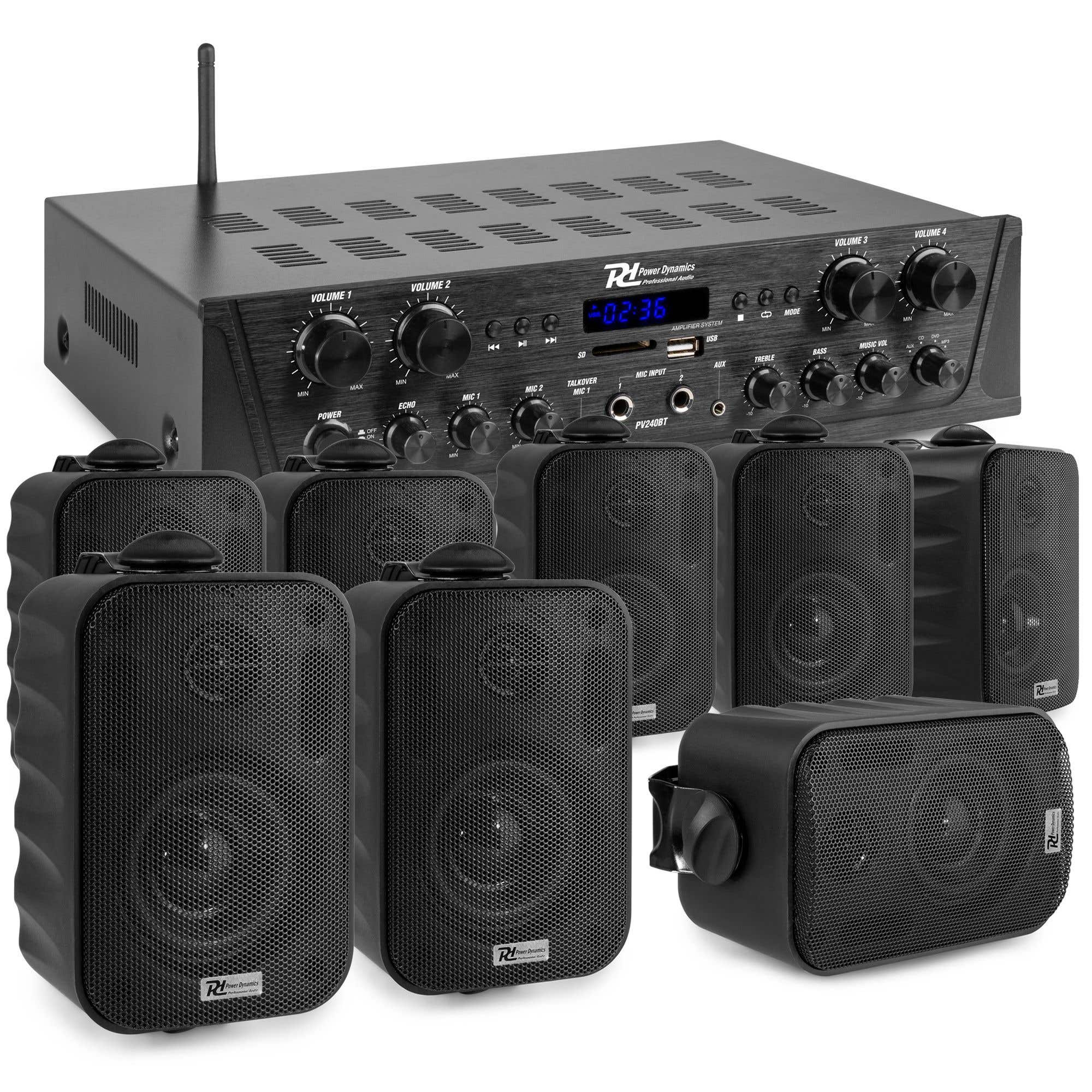 Power Dynamics 4-zone stereo geluidsinstallatie met 8 speakers zwart & versterker - Bluetooth - 400W