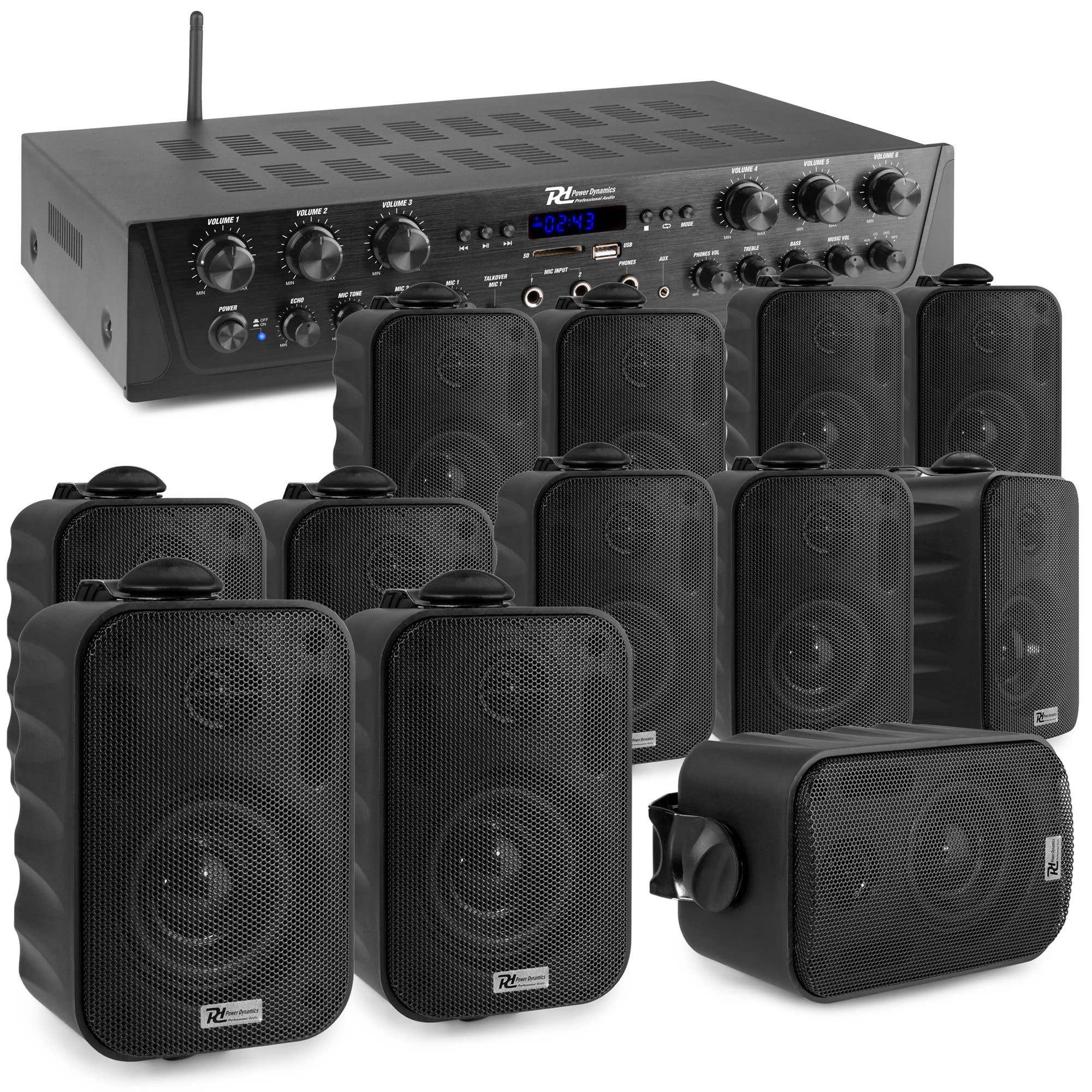 Power Dynamics 6-zone stereo geluidsinstallatie met 12 speakers zwart & versterker - Bluetooth - 600W