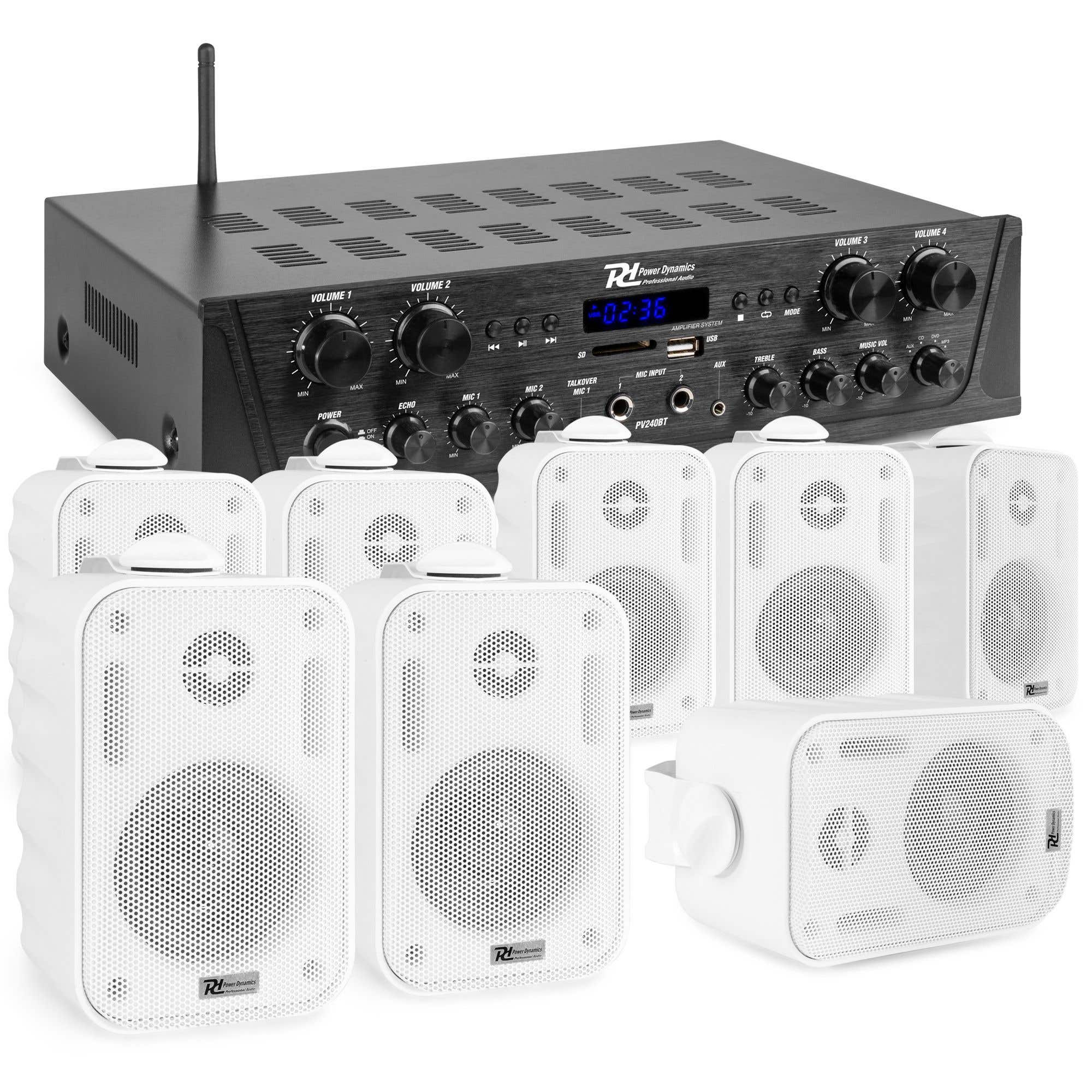 Power Dynamics 4-zone stereo geluidsinstallatie met versterker & 8 speakers - Bluetooth - 400W