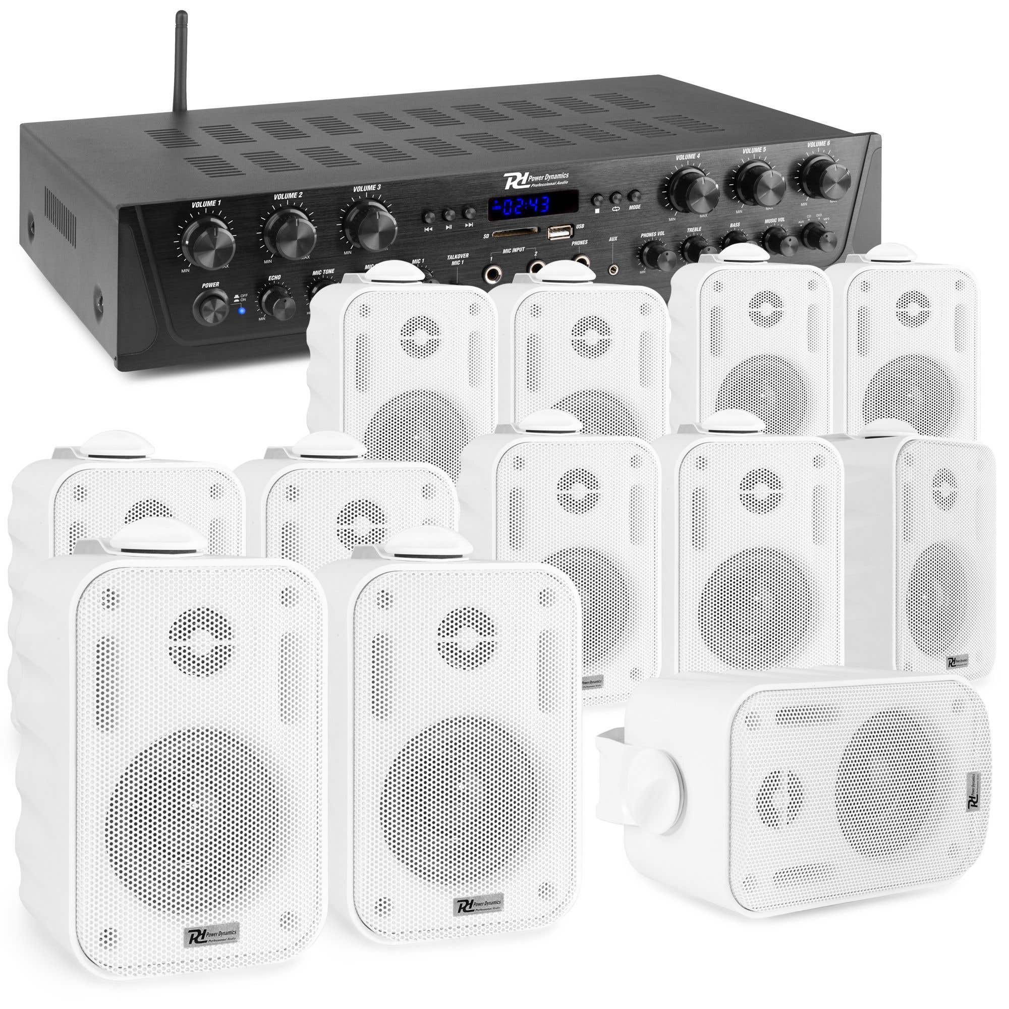 Power Dynamics 6-zone stereo geluidsinstallatie met versterker & 12 speakers - Bluetooth - 600W