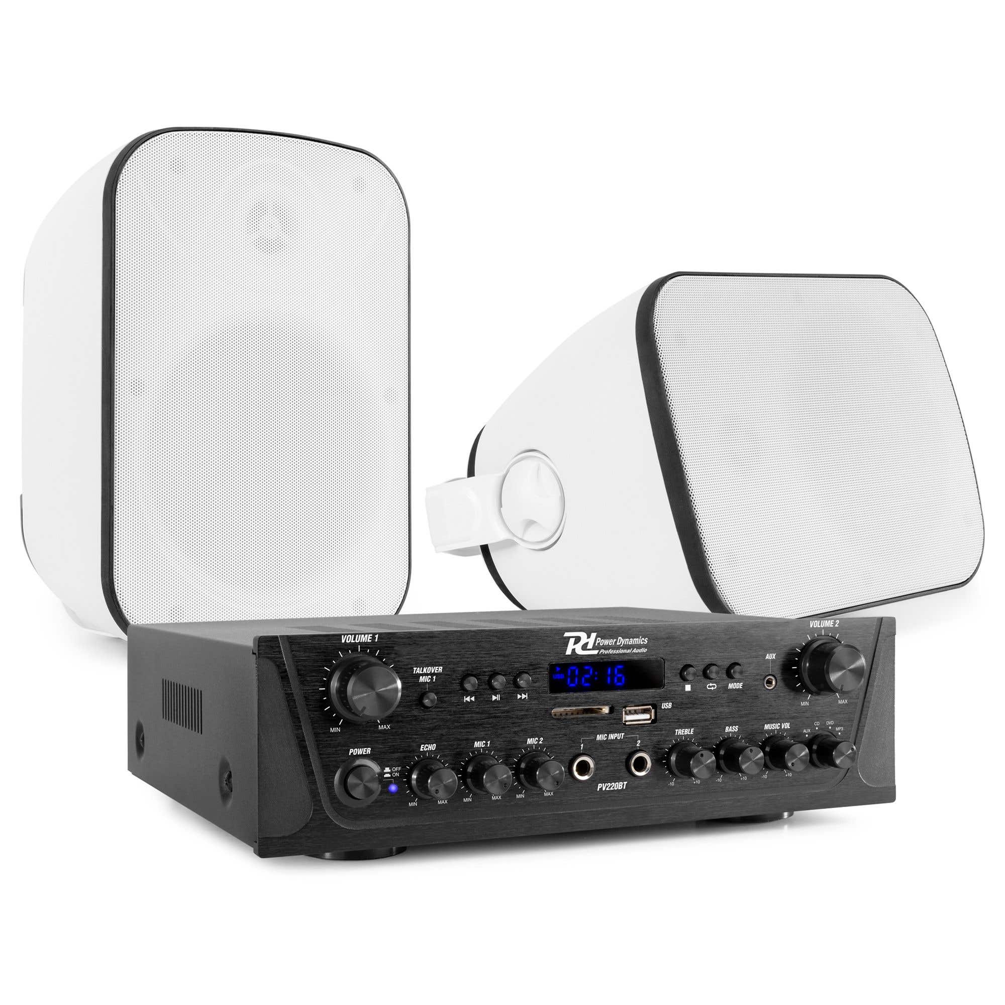 Power Dynamics geluidsinstallatie met 2-zone versterker & 2x opbouw speakers - 200W