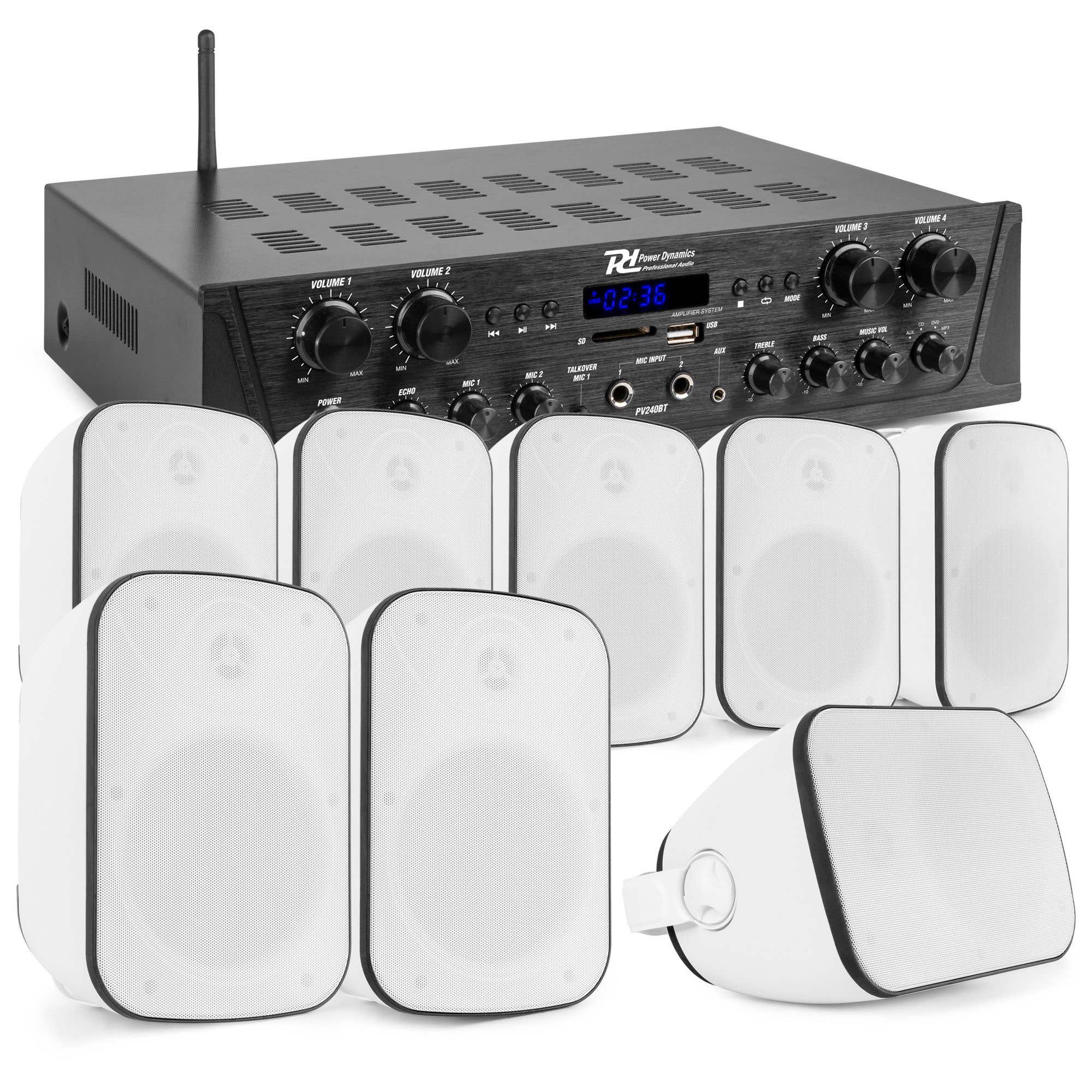 Power Dynamics geluidsinstallatie met 4-zone stereo versterker & 8x opbouw speakers - 400W