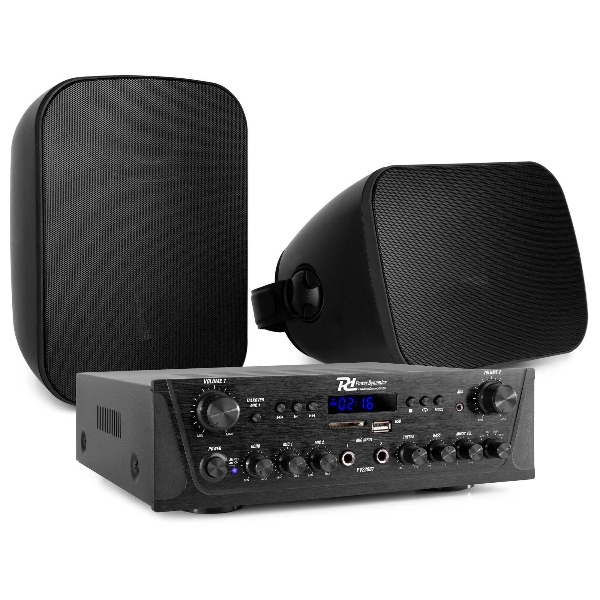 Power Dynamics geluidsinstallatie met 2-zone versterker en 2 in-/outdoor speakers - 200W