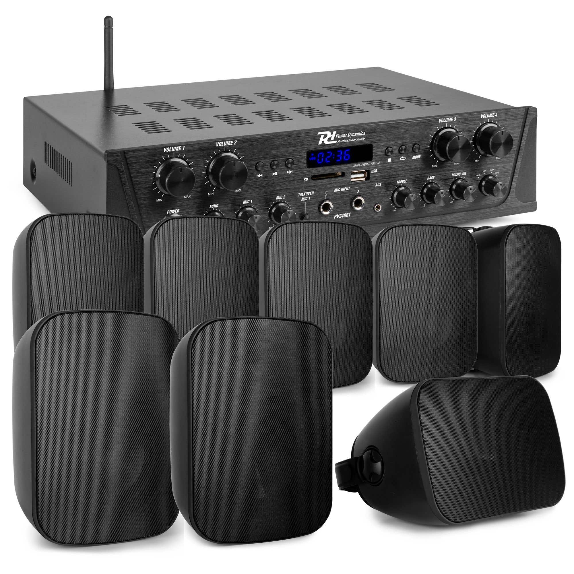 Power Dynamics geluidsinstallatie met 4-zone stereo versterker en 8x in-/outdoor speakers - 400W