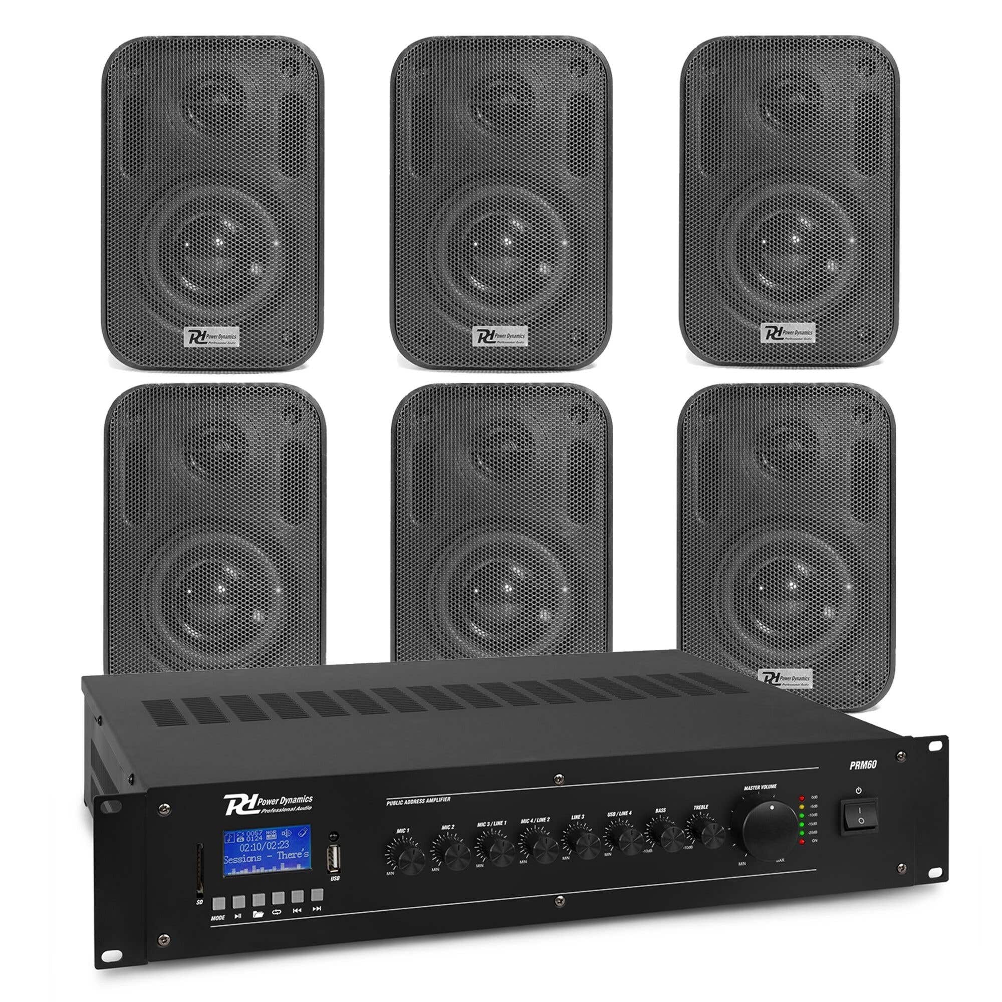 Power Dynamics buitenspeaker set met 6 zwarte speakers en 100V versterker - 60W - Bluetooth & mp3 speler
