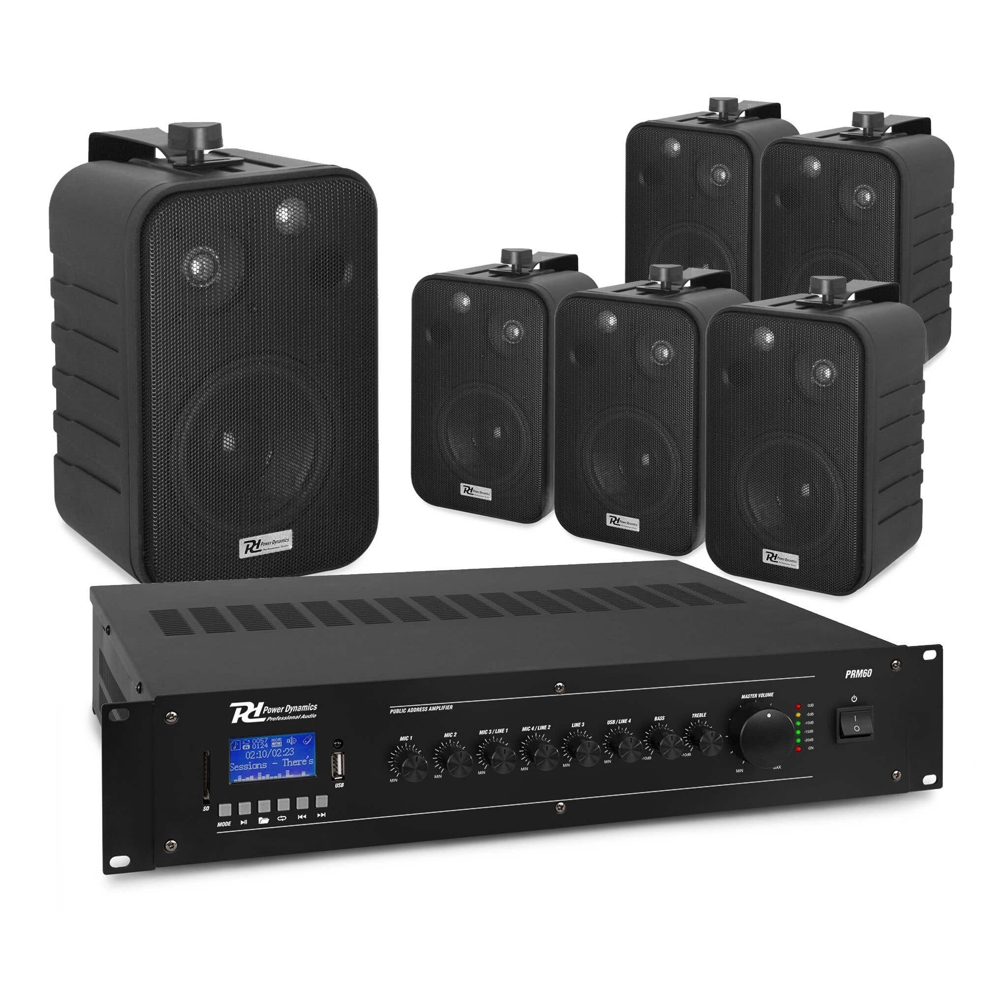 Power Dynamics 100V speakerset - 6x speakers en versterker - Bluetooth - 60W - Zwart 