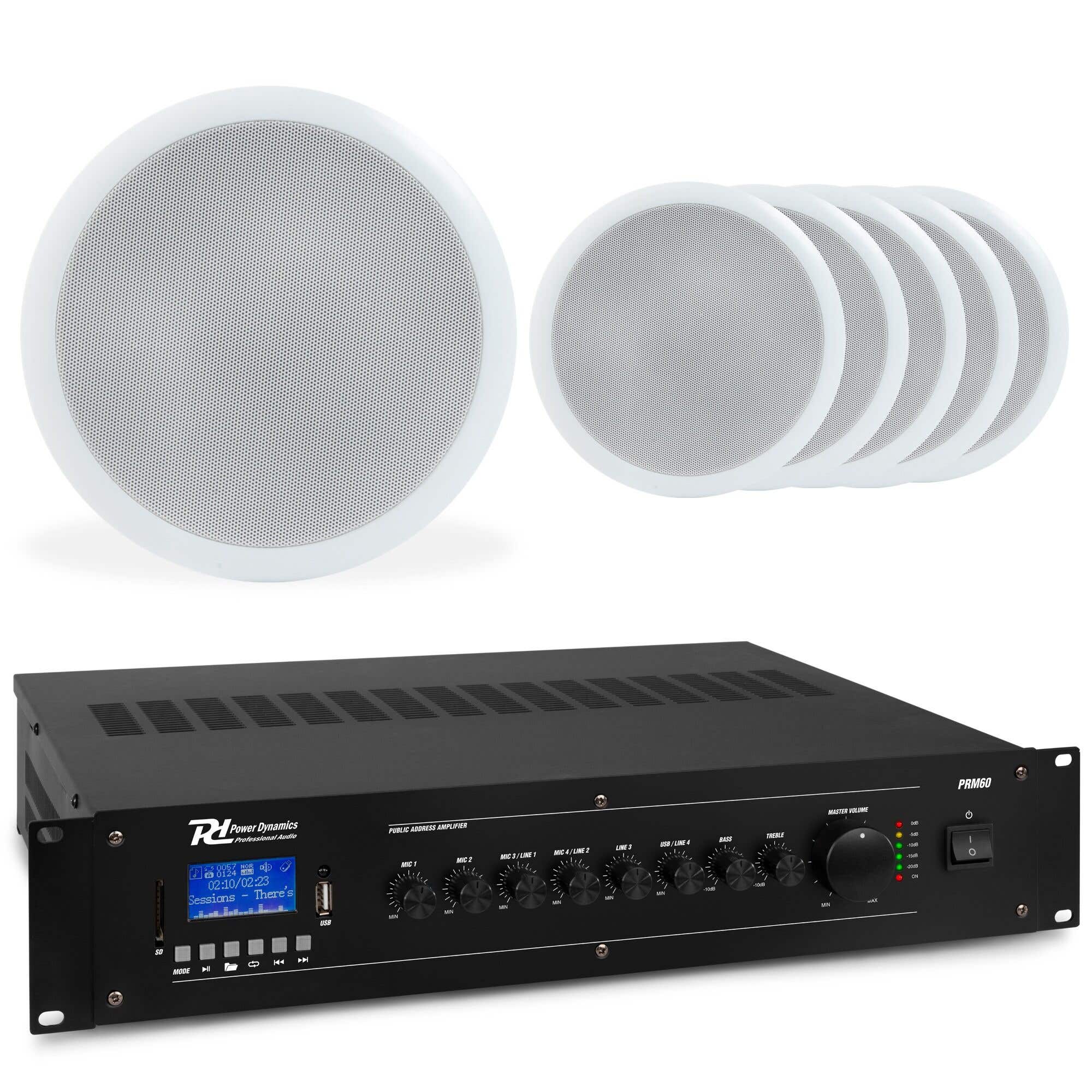Power Dynamics plafondspeaker set met 6x inbouwspeakers wit - 100V - met Bluetooth - 5 inch