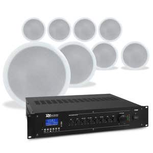 Power Dynamics plafondspeaker set - 8x witte inbouwspeakers en versterker - 100V - Inclusief Bluetooth - 5 inch