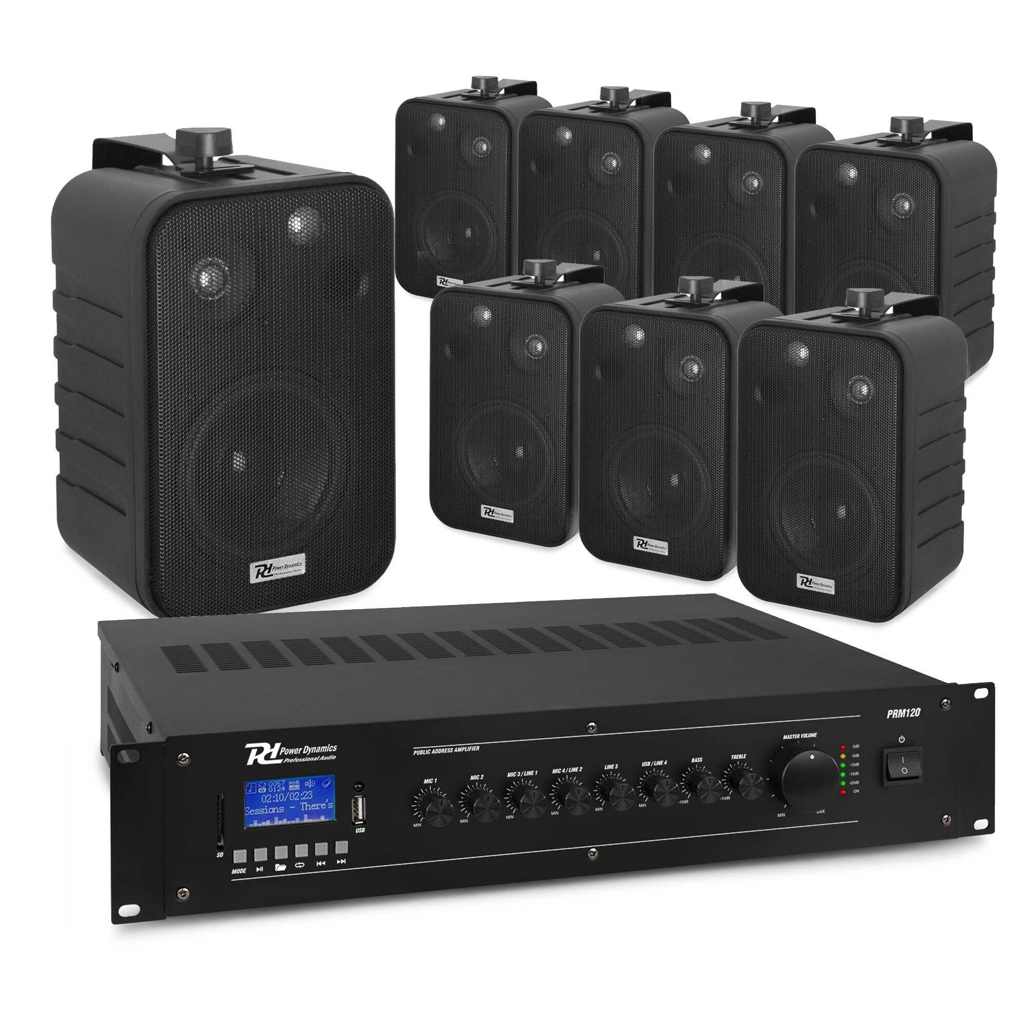 Power Dynamics 100V installatie speakerset met 8 speakers en versterker - Bluetooth - Zwart