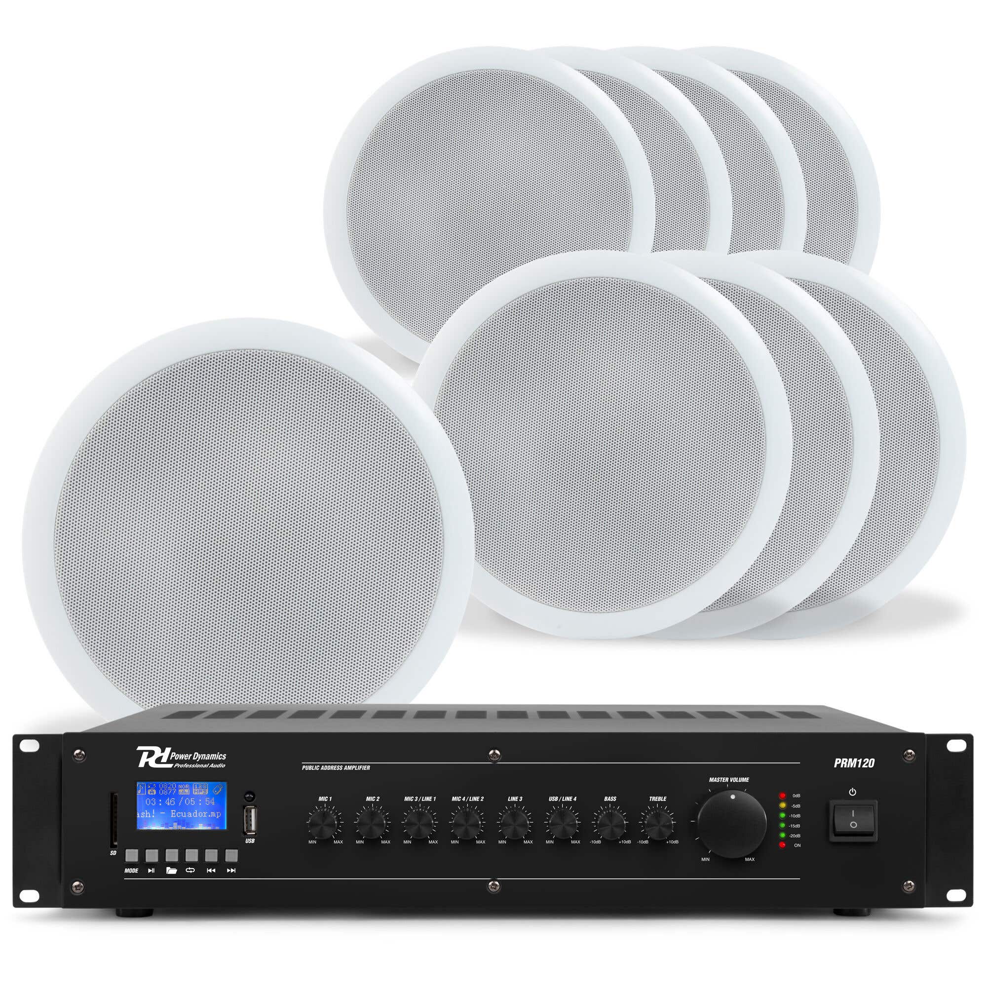 Power Dynamics 100V plafondspeaker set met 8 witte speakers en versterker - Bluetooth - 120W