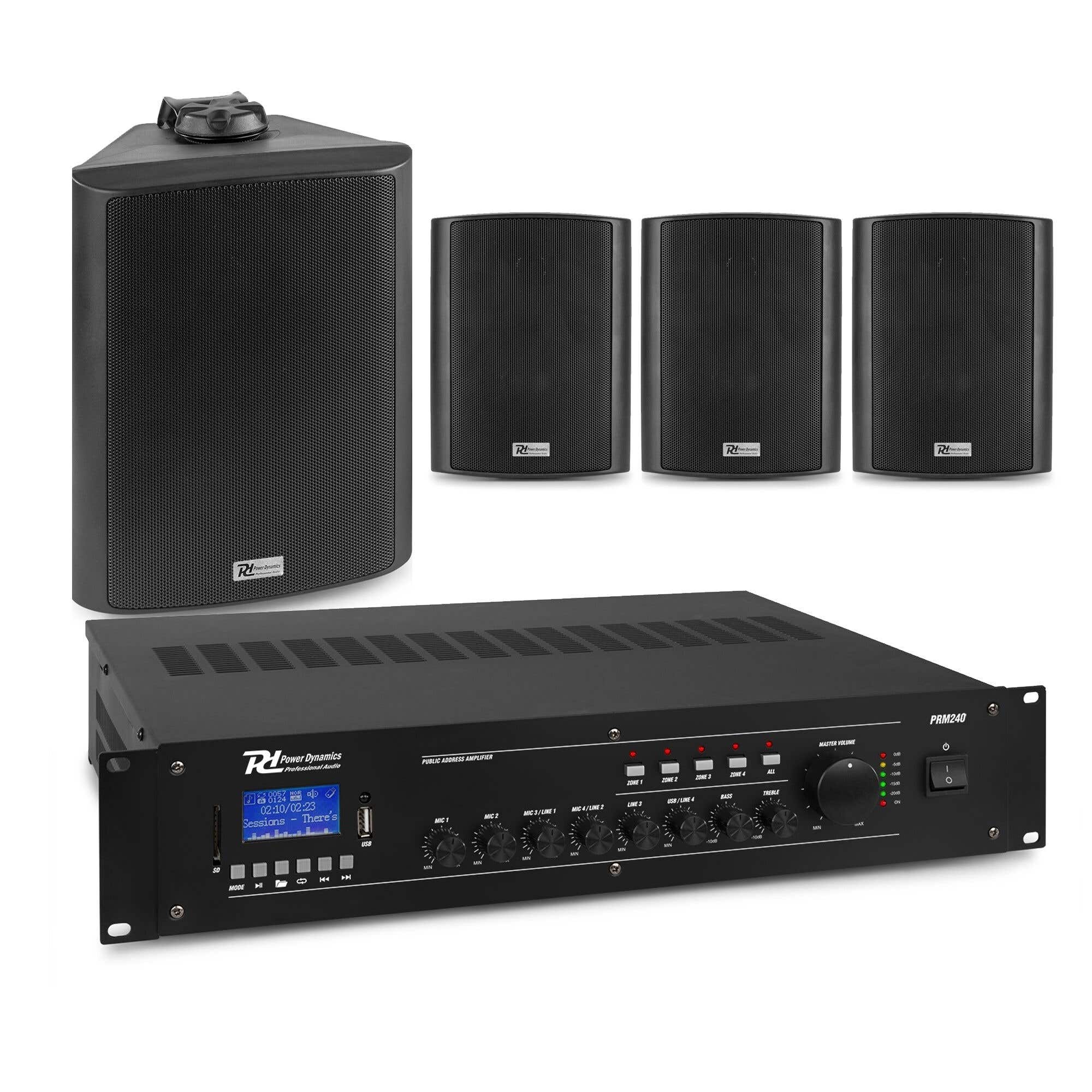 Power Dynamics zwarte buitenspeakerset met 4 speakers en 4-zone versterker - Bluetooth - 100V 