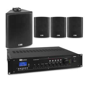 Power Dynamics zwarte buitenspeakerset met 4 speakers en 4-zone versterker - Bluetooth - 100V