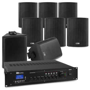 Power Dynamics 100V buitenspeaker set - voor buitenterras of overkapping - 8 speakers & 4-zone versterker - Bluetooth
