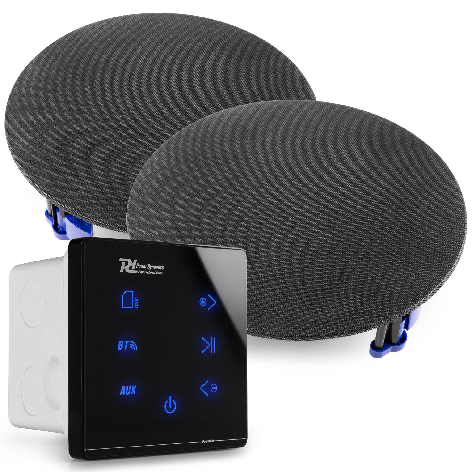 Power Dynamics Powerline A50B Set met inbouw audio versterker en 2 plafondspeakers - Zwart