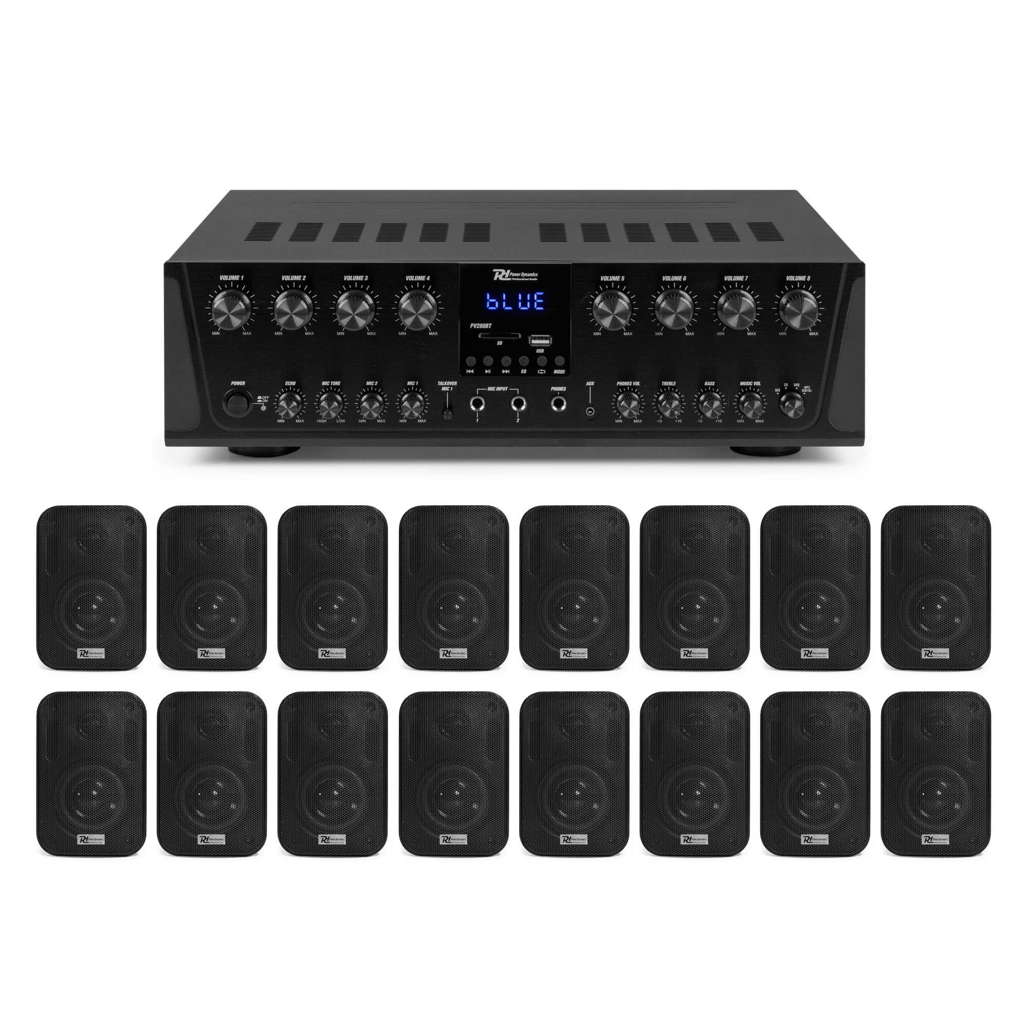 Power Dynamics multiroom geluidsinstallatie - Met 8-zone versterker en 16 opbouwspeakers - 800W