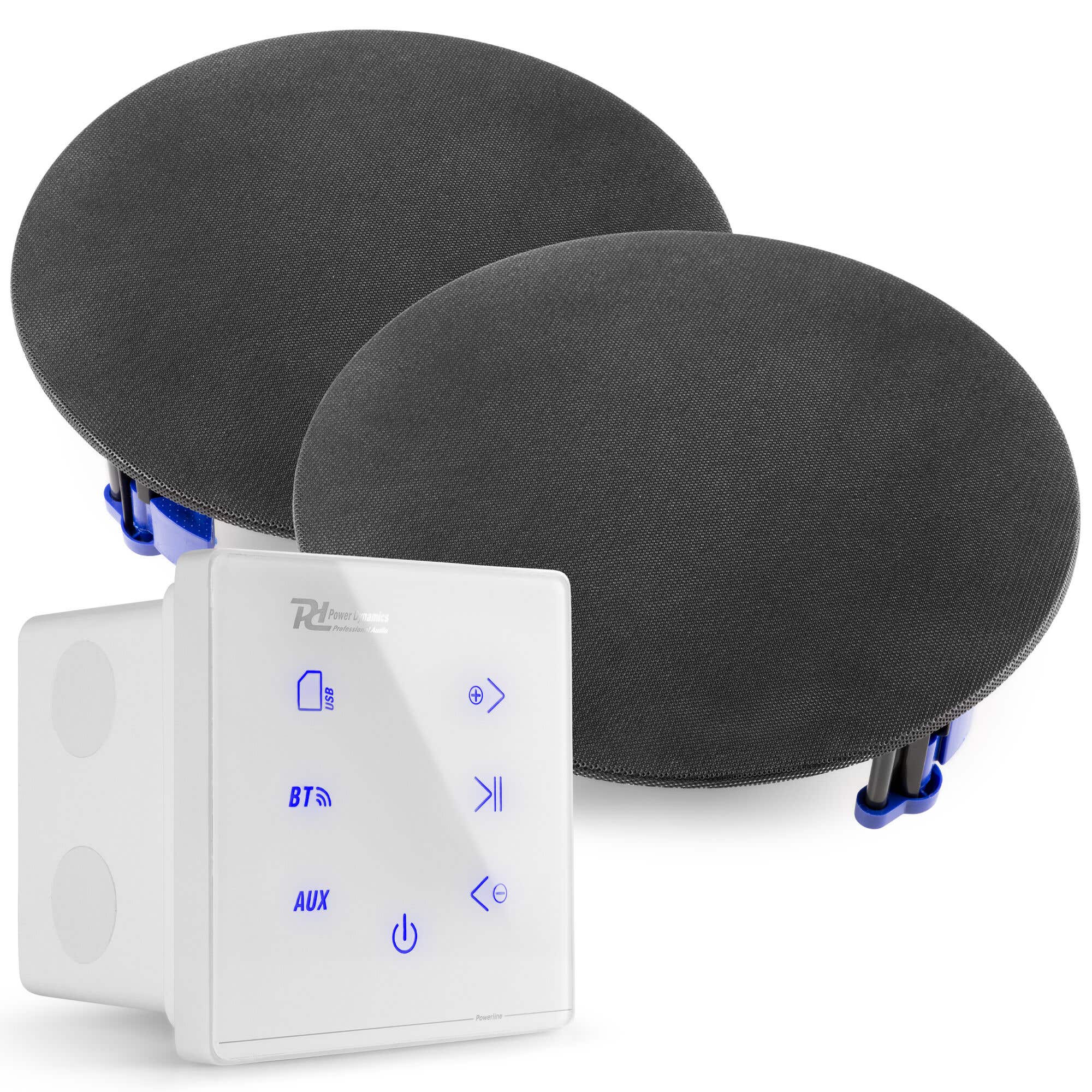 Power Dynamics Powerline A50W Set met witte inbouwversterker en 2 zwarte plafondspeakers