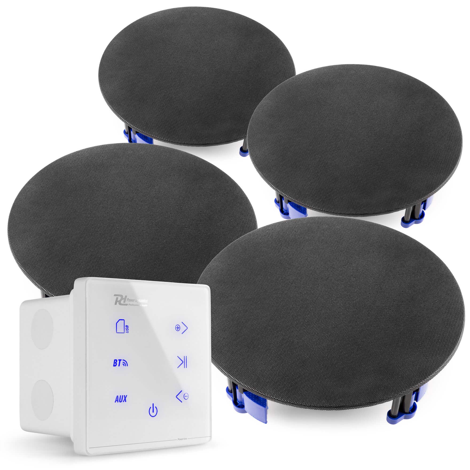 Power Dynamics Powerline A100W Set met witte inbouwversterker en 4 zwarte plafondspeakers