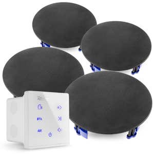 Power Dynamics Powerline A100W Set met witte inbouwversterker en 4 zwarte plafondspeakers