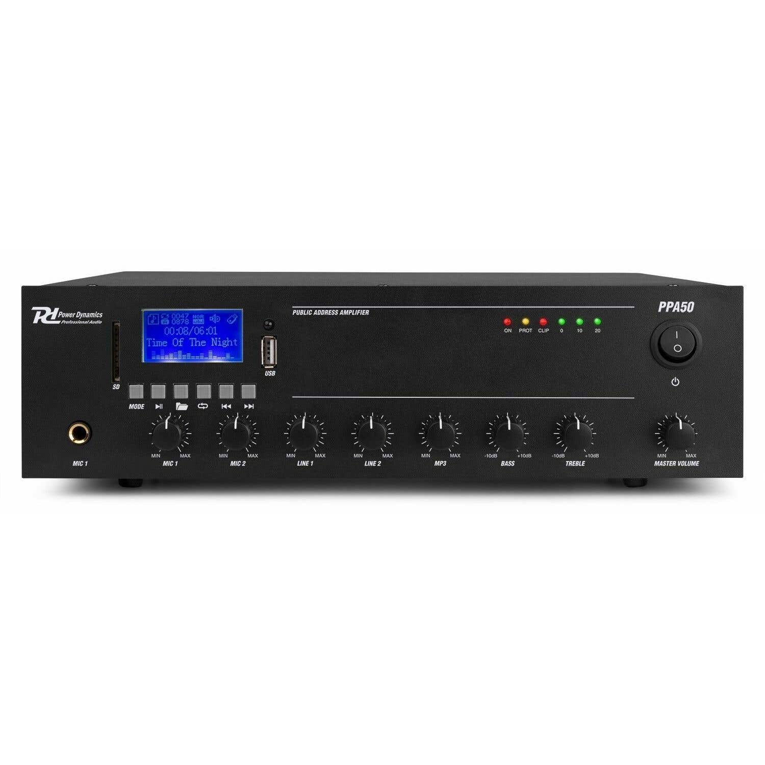 Power Dynamics PPA50 100V versterker met Bluetooth & mp3 - 50W - Zwart