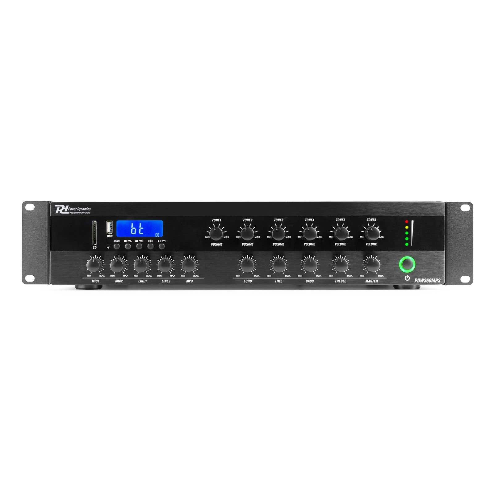 Power Dynamics PDW360MP3 100V versterker - 6-zone - met Bluetooth en mp3 - 360W - Zwart