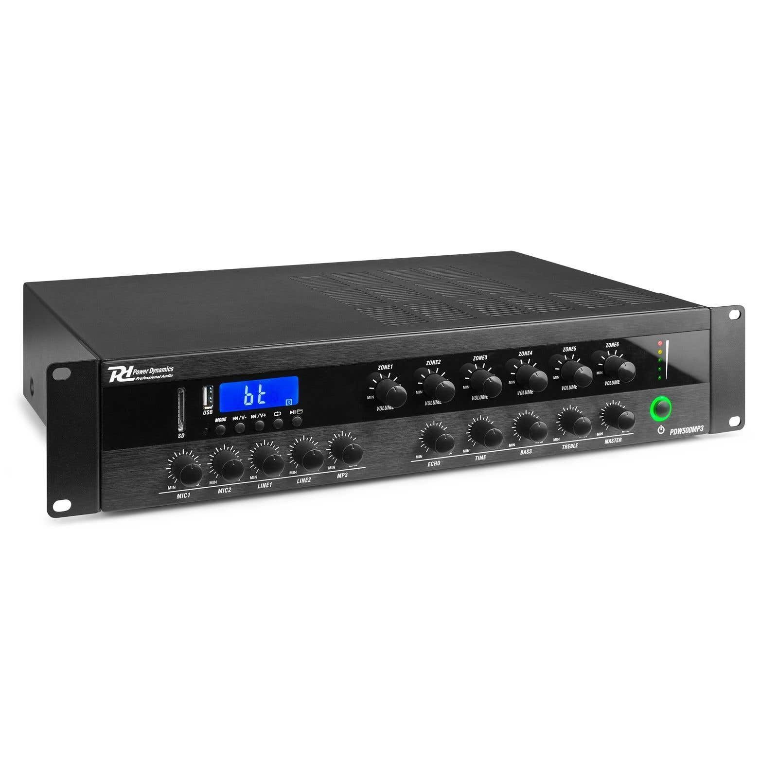 Retourdeal - Power Dynamics PDW500MP3 100V versterker - 6-zone - met Bluetooth en mp3 - 500W - Zwart