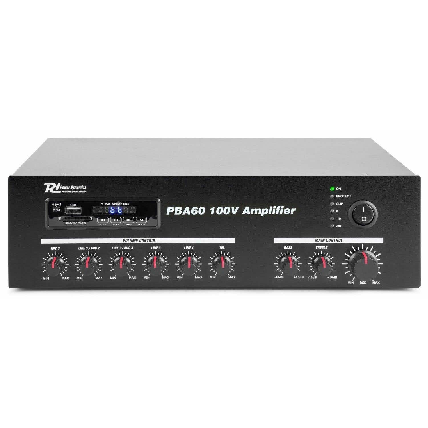 Power Dynamics PBA60 100V versterker met Bluetooth, FM tuner & mp3 - 60W - Zwart