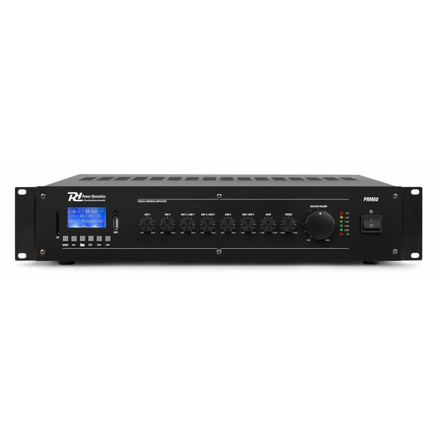 Power Dynamics PRM60 100V versterker met Bluetooth & mp3 speler - 60W - Zwart