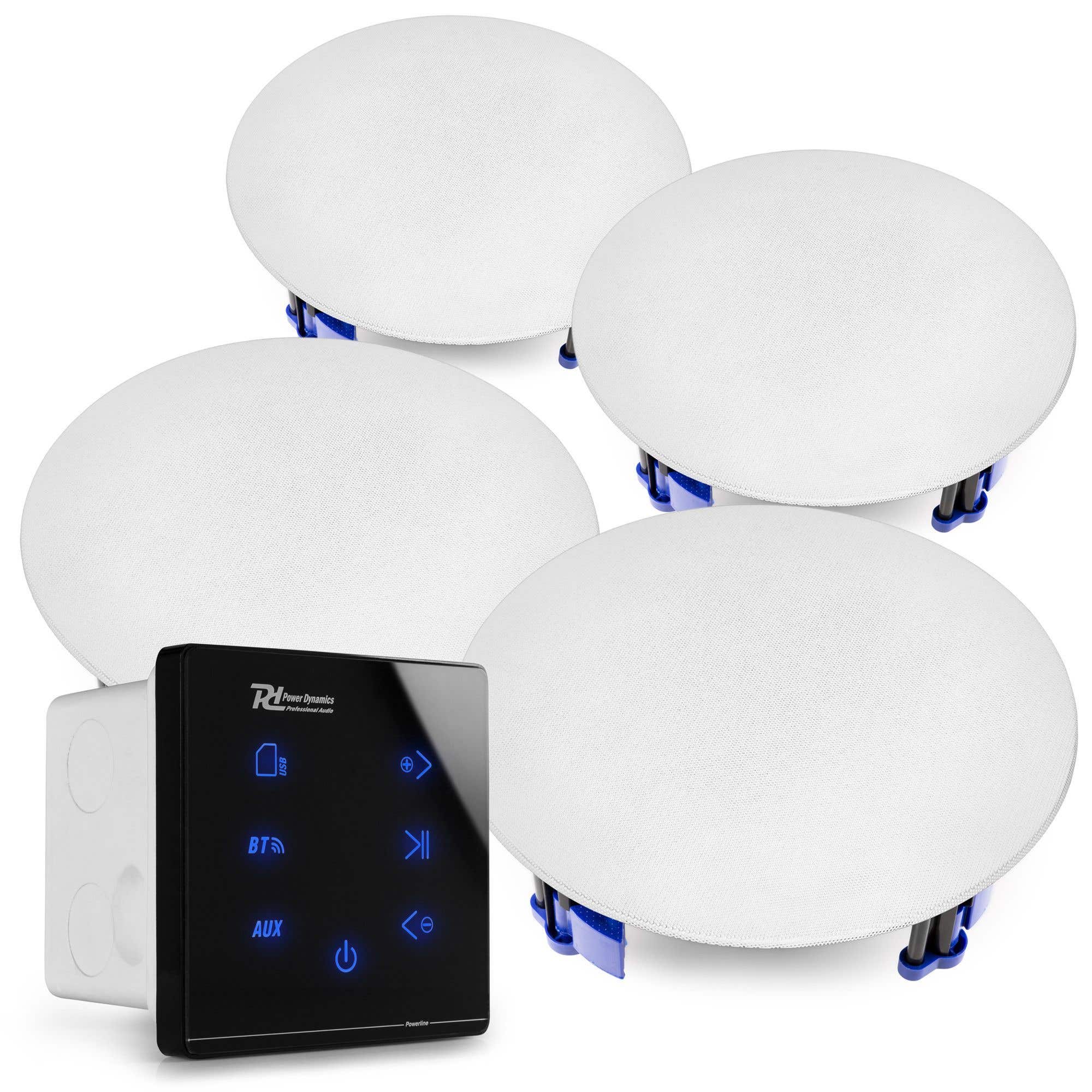 Power Dynamics Powerline A100BSet 4x plafond speakers voor inbouw met versterker en Bluetooth - Wit
