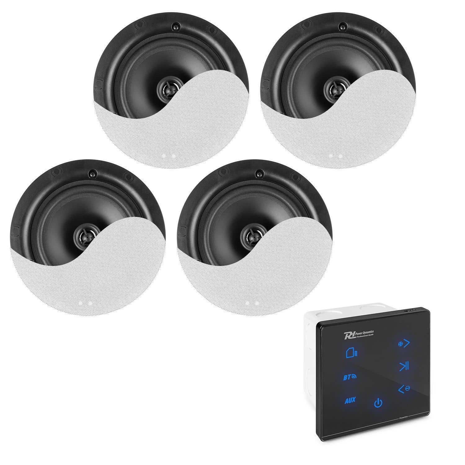 Retourdeal - Power Dynamics Powerline A100BSet 4x plafond speakers voor inbouw met versterker en Bluetooth - Wit