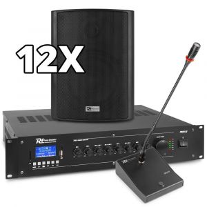 Power Dynamics omroepinstallatie met 12x speakers en 100V versterker - 120W