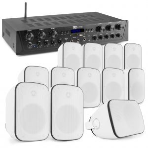 Power Dynamics geluidsinstallatie met 6-zone stereo versterker & 12x opbouw speakers - 600W