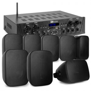 Power Dynamics geluidsinstallatie met 4-zone stereo versterker en 8x in-/outdoor speakers - 400W