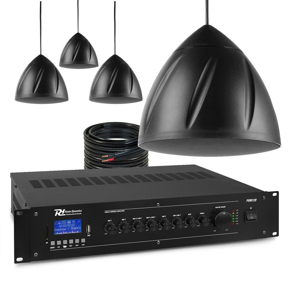 Power Dynamics 100V geluidsinstallatie met 4 hangende speakers en versterker - 120W - Zwart