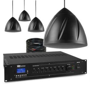 Power Dynamics 100V geluidsinstallatie met 4 hangende speakers en versterker - 120W - Zwart