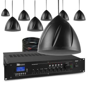 Power Dynamics 100V geluidsinstallatie met 8 hangende speakers en 4-zone versterker - 240W - Zwart