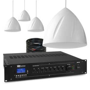 Power Dynamics 100V geluidsinstallatie met 4 hangende speakers en versterker - 120W - Wit